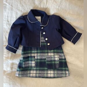 Janie & Jack Navy Jacket +  Little Me Green/Navy Plaid Dress | 6-12 months